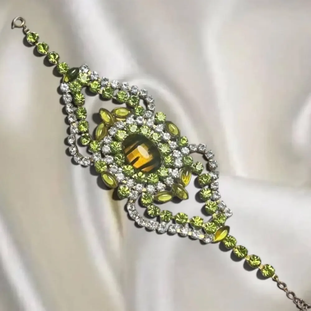 1950s Signed Bijoux M.G. Rhinestone Bracelet Peridot & Topaz Couture
